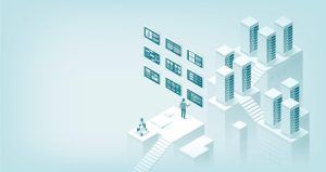 Valorix Data Management concept, isometrisch, servers en schermen