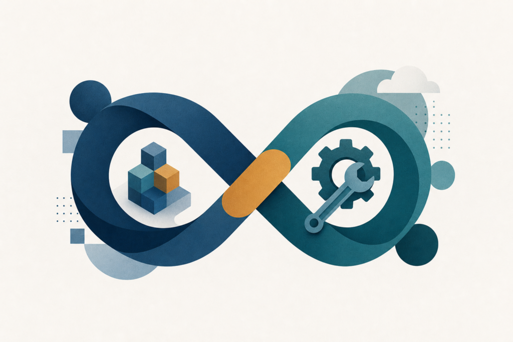 Een DevOps-infinity-lus waarin ontwikkelen en beheren samen een doorlopende cyclus vormen.