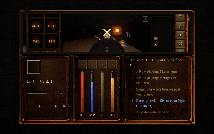 Combat in The Data Management Dungeon: a Null Pointer attacks in a torch-lit corridor, with floating damage numbers and a red hit flash