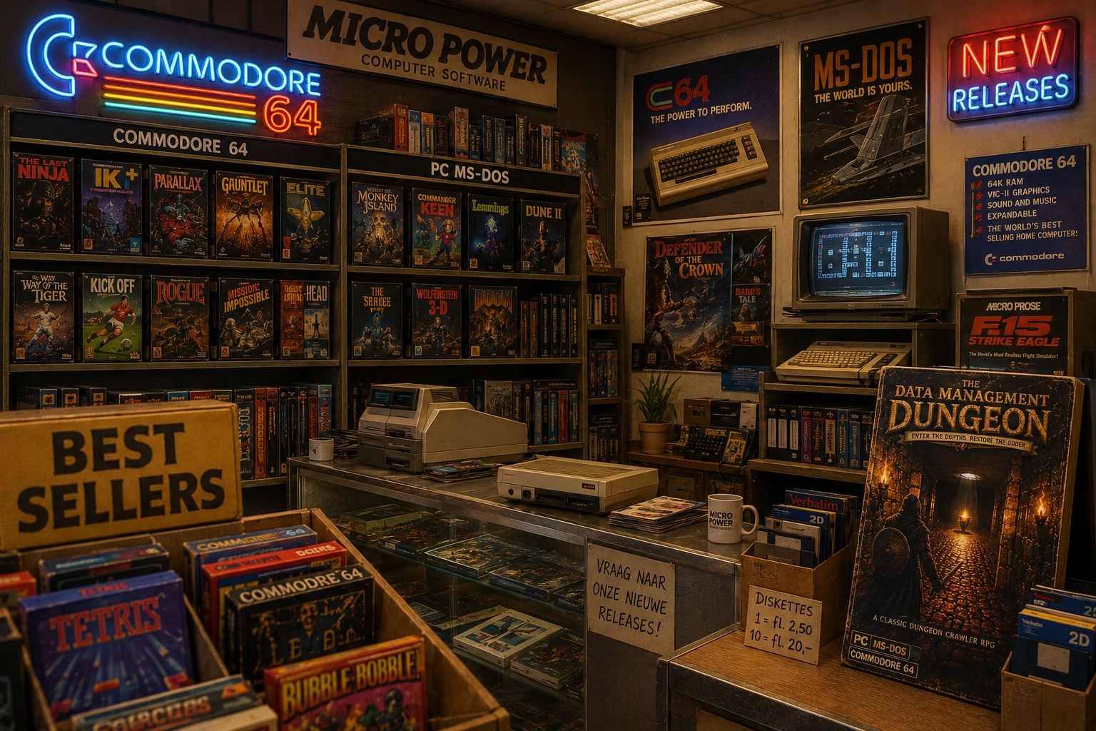 1980s computer shop with Commodore 64 and MS-DOS games on the shelves, with the box of The Data Management Dungeon on the counter