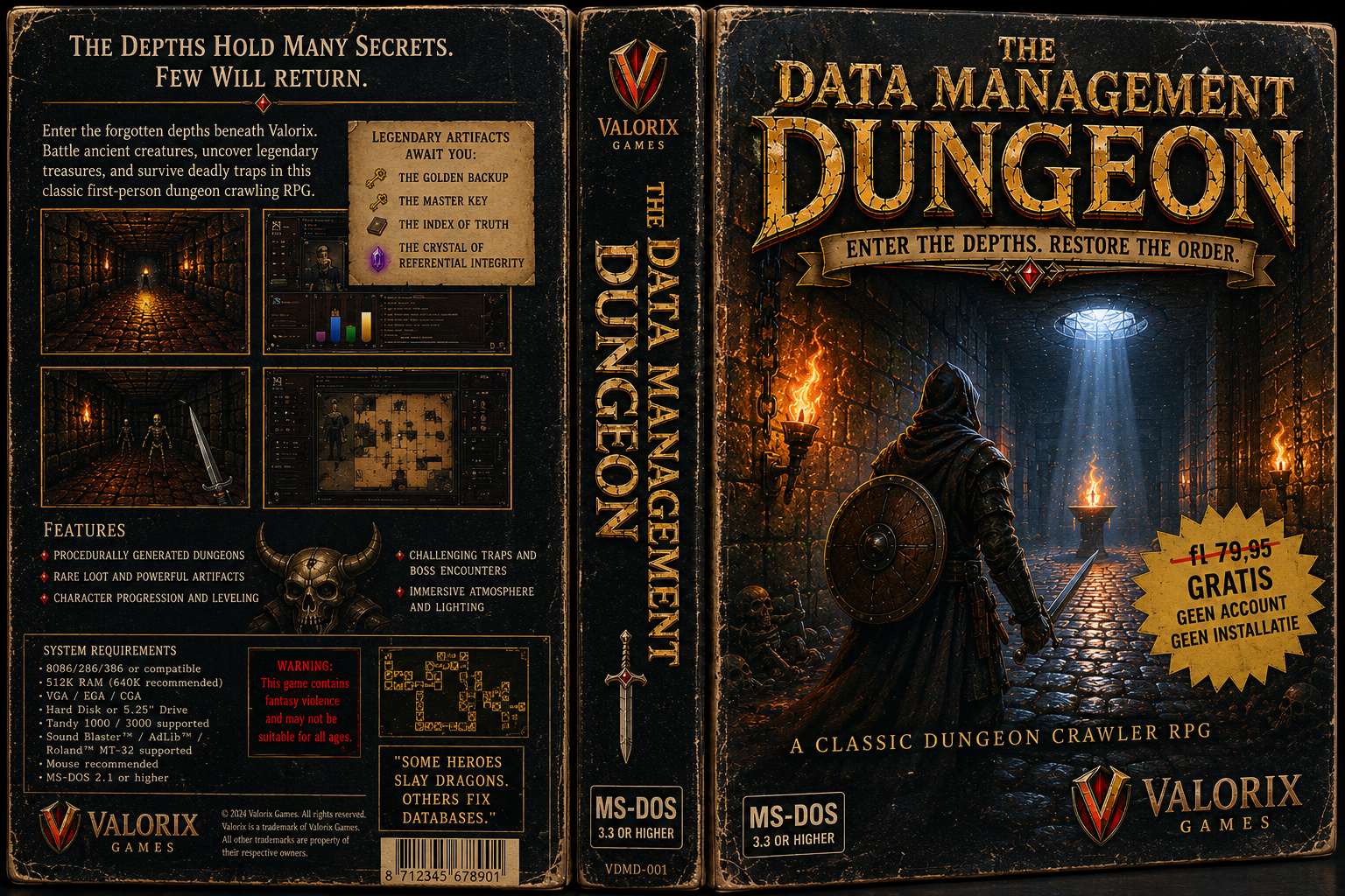 Game box of The Data Management Dungeon in 1980s MS-DOS style, with an adventurer holding a torch and shield in a dark dungeon