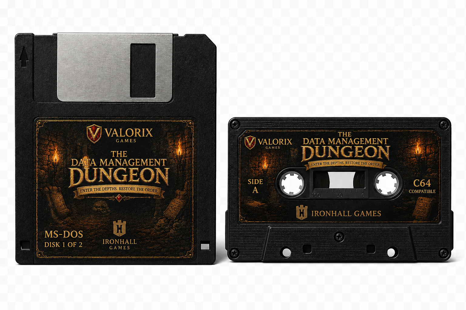 3.5 inch floppy disk and C64 cassette of The Data Management Dungeon