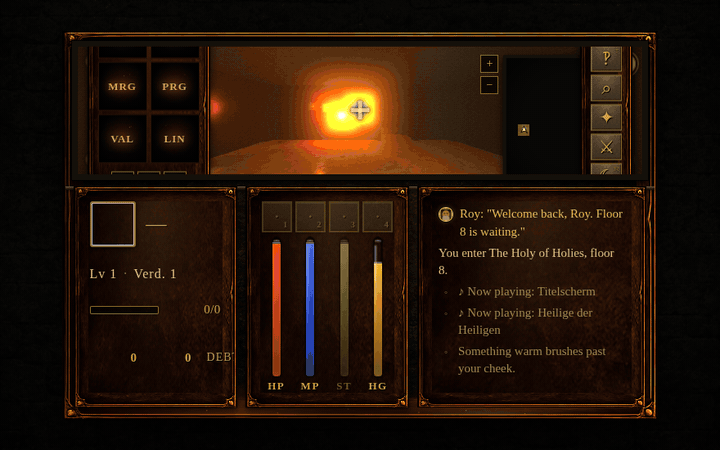 Animated gameplay of The Data Management Dungeon: first-person through torch-lit corridors after igniting a flare, with the classic dungeon crawler interface