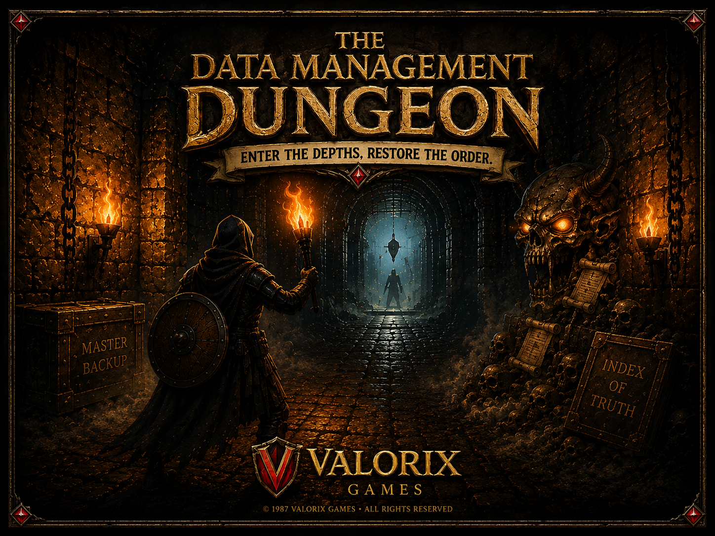 Title screen of The Data Management Dungeon: Enter the depths, restore the order, Valorix Games