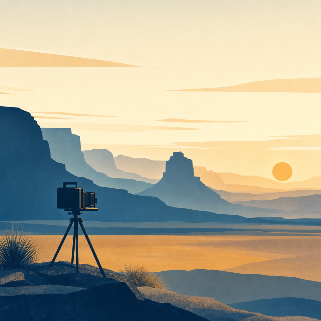Stille woestijnhorizon met een fototoestel op statief, een eerbetoon aan William Kent