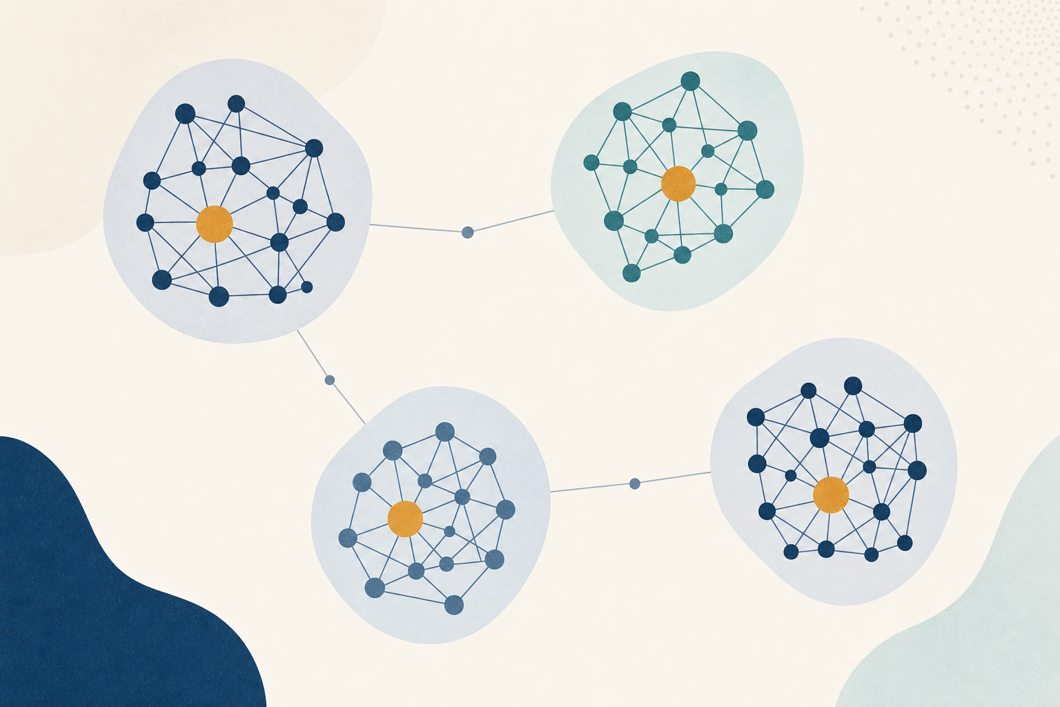 Punten gegroepeerd in enkele clusters met sterke interne verbindingen en dunne koppelingen ertussen, per cluster een uitgelichte eigenaar.