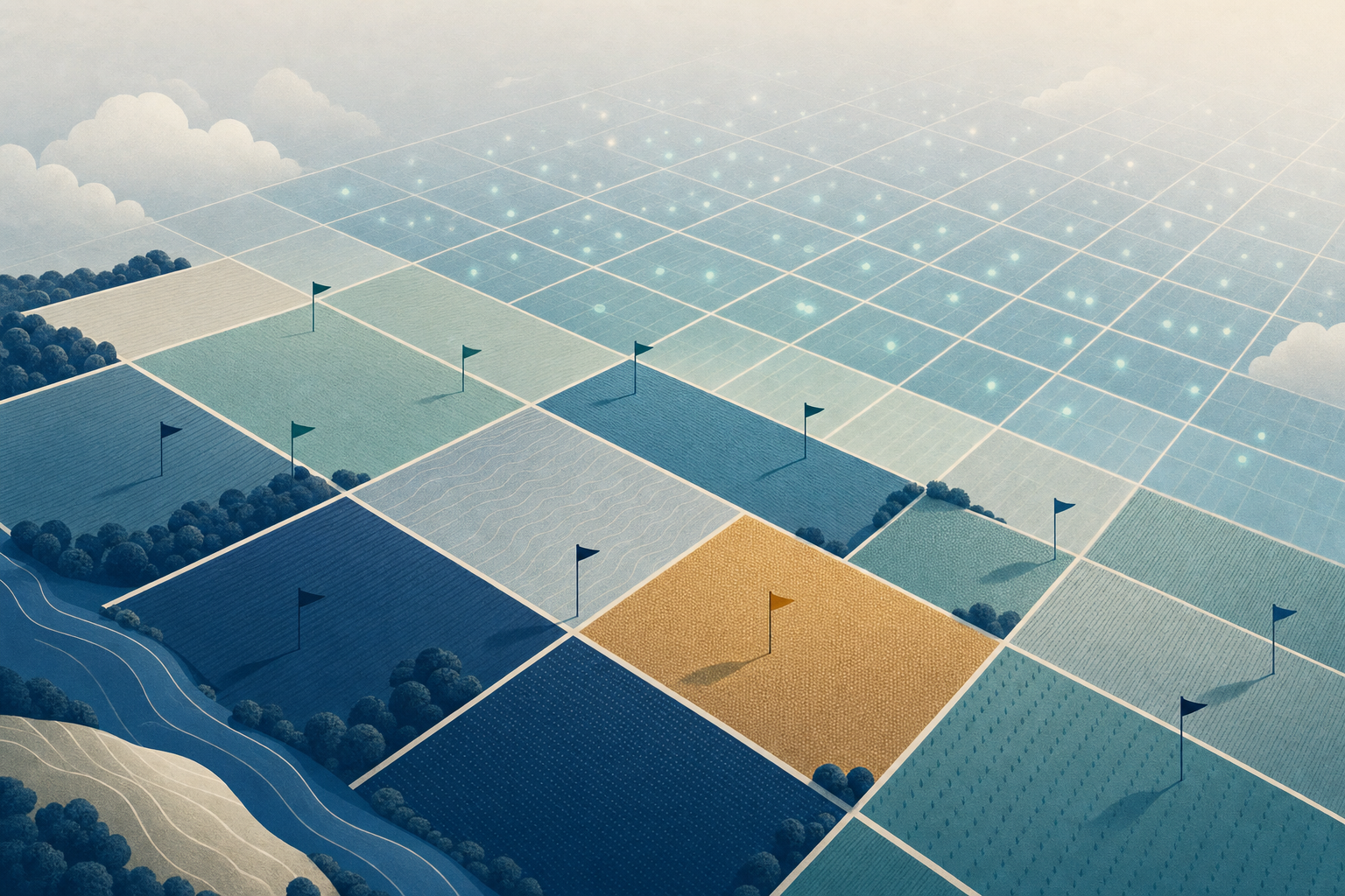 Luchtbeeld van een landschap dat in duidelijke percelen wordt verkaveld, met per perceel een vlag als teken van een eigenaar, overgaand in een datagrid.