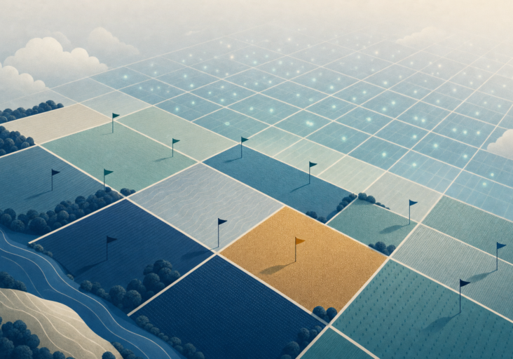 Luchtbeeld van een landschap dat in duidelijke percelen wordt verkaveld, met per perceel een vlag als teken van een eigenaar, overgaand in een datagrid.