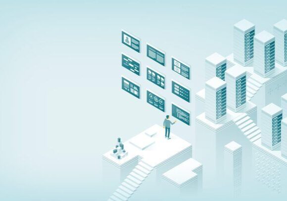 Valorix Data Management concept, isometrisch, servers en schermen
